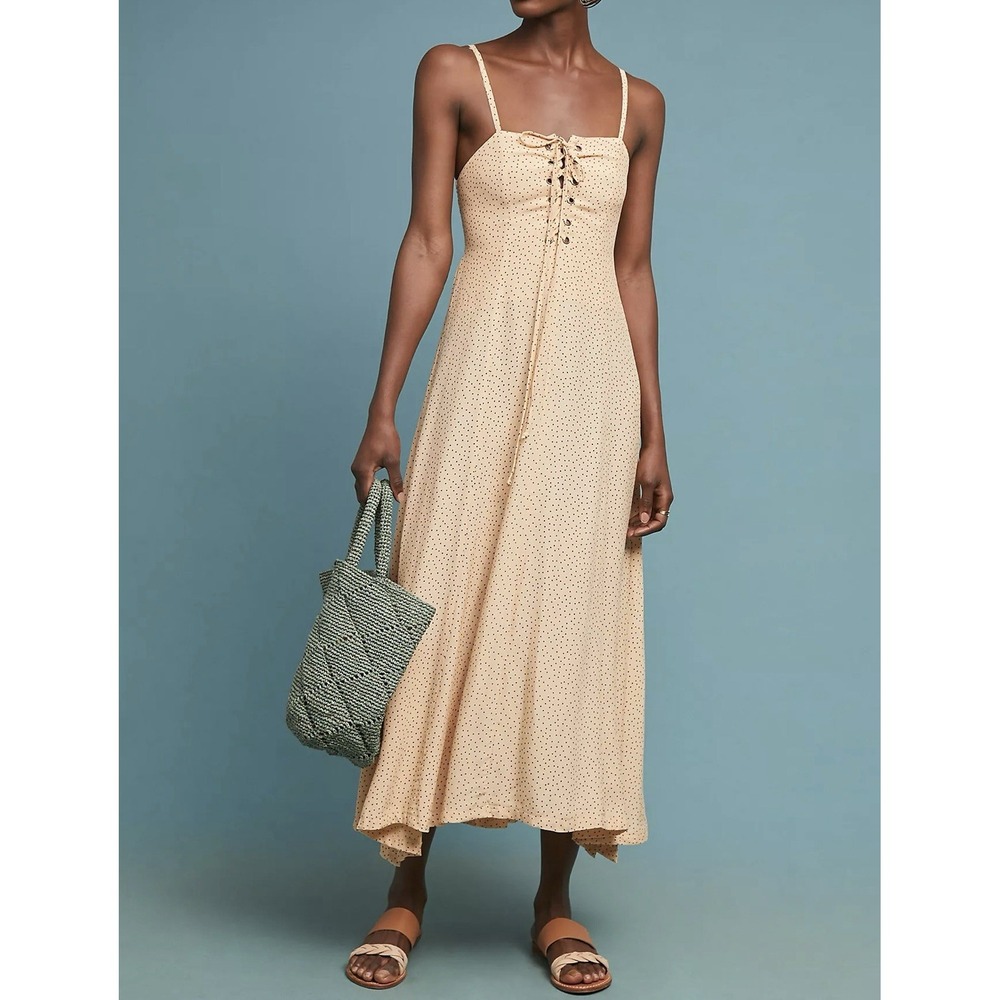 Faithfull the Brand Mirador Midi Dress Rossi Print Size 10 Polkadot Lace Up - Picture 11 of 12